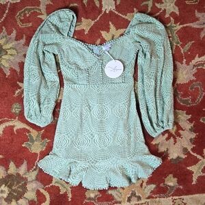 Mint Green Peasant Sleeve Lace Mini Dress